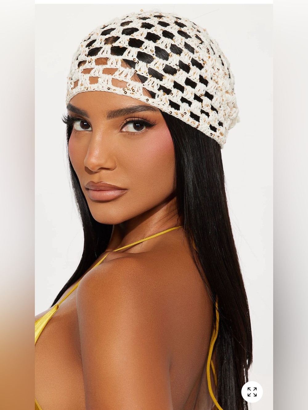 Crochet Beaded Open-Weave Beanie Hat - White